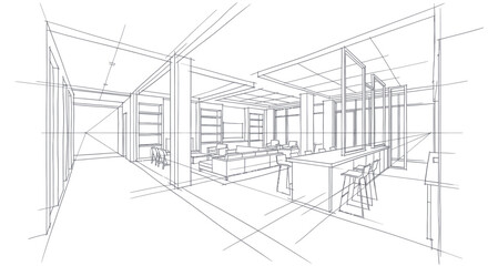 Fototapeta premium Modern Interior Design Sketch of a Spacious Kitchen and Living Area.