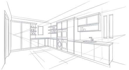 Fototapeta premium Modern Kitchen Design Sketch with Sleek Cabinetry and Appliances.