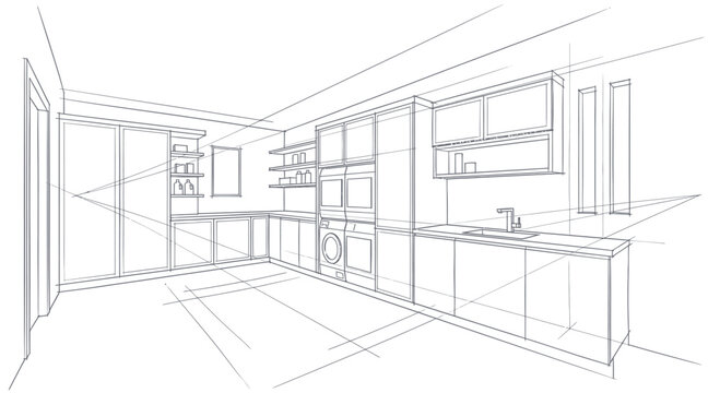 Modern Kitchen Design Sketch with Sleek Cabinetry and Appliances.