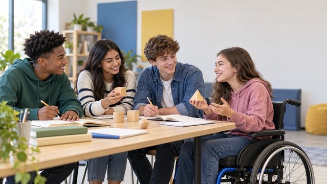 A multi-ethnic group of happy high school or college students studying and collaborating together around a table, featuring an inclusive student in a wheelchair, International Day of Education