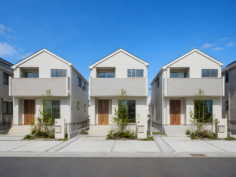 青空の下に並ぶ白い新築一戸建ての分譲住宅3棟