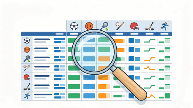 A magnifying glass scans various sports statistics and performance metrics on a tabular sheet to analyze athlete data and team progress across different types of athletic competitions and