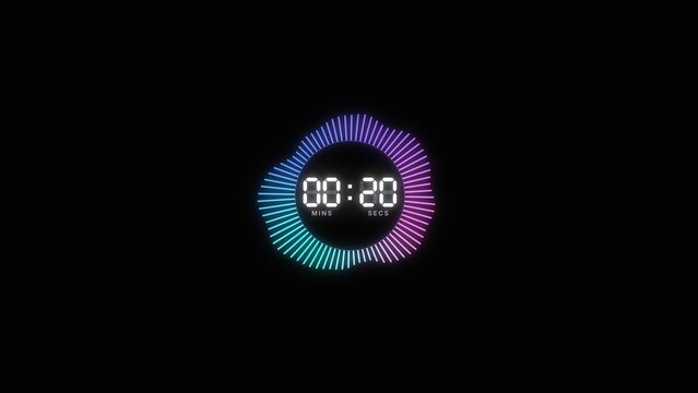 30 second countdown timer with neon gradient radial dial and digital minutes seconds display on black background, stream starting soon intro title card