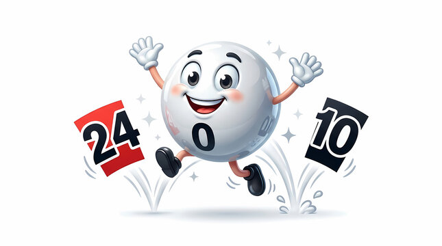 Happy white round ball character jumping with excitement near red and black cards showing numbers twenty four and ten celebrating a lucky win in a competitive lottery game during festive fun time