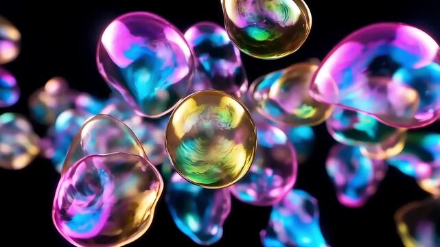 Vibrant Iridescent Bubbles Floating Against Dark Background.