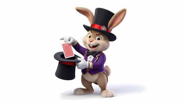 A cheerful bunny rabbit wearing a formal magician outfit performs a card trick while holding a large black top hat and smiling at the audience during a whimsical stage show performance event