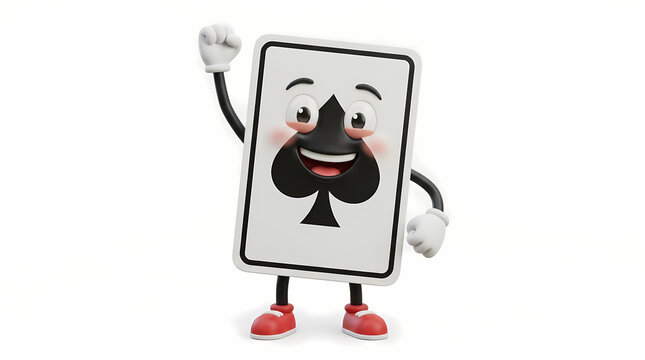Excited Spade Playing Card Character Standing Triumphant With Raised Fist Celebrating Success In Competitive Games While Wearing White Gloves And Red Shoes Expressing Joyful Victory For Casino
