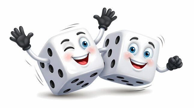 Two happy animated cubes with arms and legs jump and laugh together as joyful gaming partners representing luck and entertainment while celebrating a winning roll in a board game session for