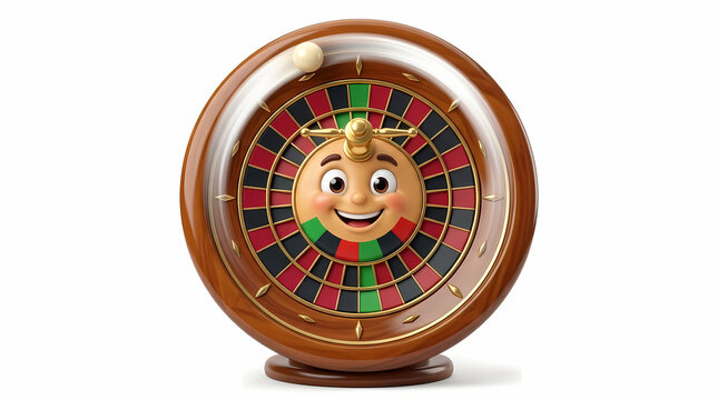 A wooden roulette wheel character with a smiling face expressing excitement for casino entertainment and gaming events representing the thrill of winning a fortune during a night of active