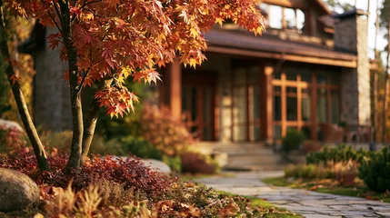 Modern house exterior showcasing an inviting atmosphere with a stone pathway, lush autumn garden, and colorful foliage during golden hour © Studio ANNA