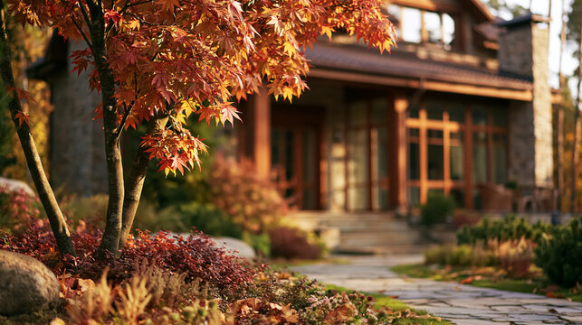 Modern house exterior showcasing an inviting atmosphere with a stone pathway, lush autumn garden, and colorful foliage during golden hour