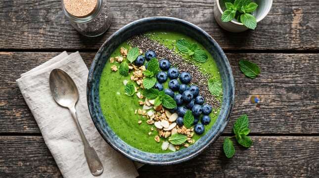 Bright Green Smoothie Bowl with Blueberries, Chia Seeds and Fresh Mint on Rustic Wooden Table