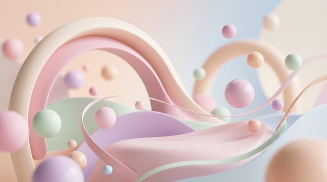 Abstract colorful shapes with soft curves and floating spheres in pastel shades for creative designs