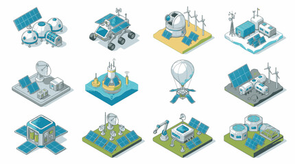Set of isometric icons representing futuristic space research stations and planetary exploration infrastructure. © has