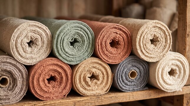 Colorful Rolled Fabrics Displayed on Wooden Shelf in a Textiles Workshop Setting