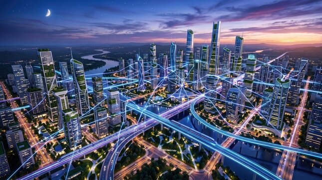 Futuristic Cityscape with Highways, Skyscrapers, and Digital Connections at Dusk