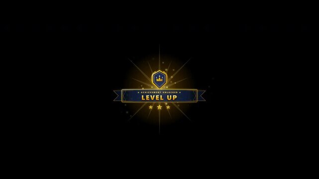 Video Game Level Up and Milestone Achievement Unlocked banner with golden crest and sparkle flare