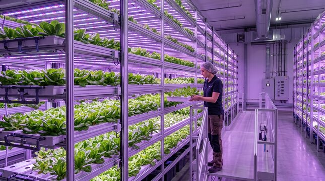 Indoor Agriculture Lab with Vertical Farming System and Person Caring for Leafy Greens
