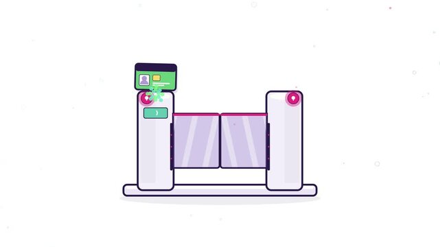Automated electronic security turnstile gate opening with access card scanning in flat vector animation