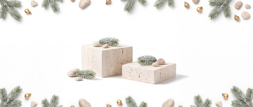 Commercial Christmas Banner with Minimalist Travertine Plinth Duo Balanced Isolated on White Background