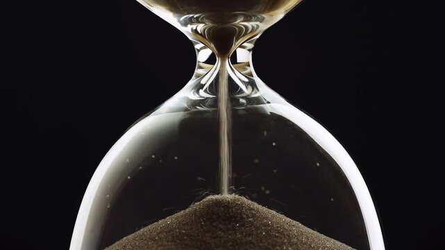 Last seconds flowing in hourglass standing at evening shadow close up. Gold sand running inside transparent clock measuring time indoors. glass egg timer showing countdown on table surface. sandglass