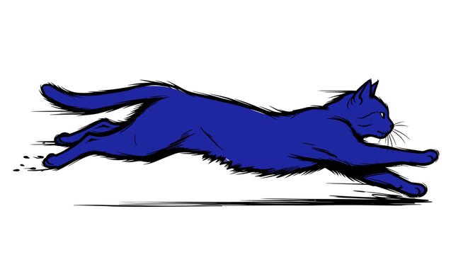 Sleek blue cat vector illustration running fast with motion lines on a white background, concept for speed, agility, pet care branding and sports logo design.