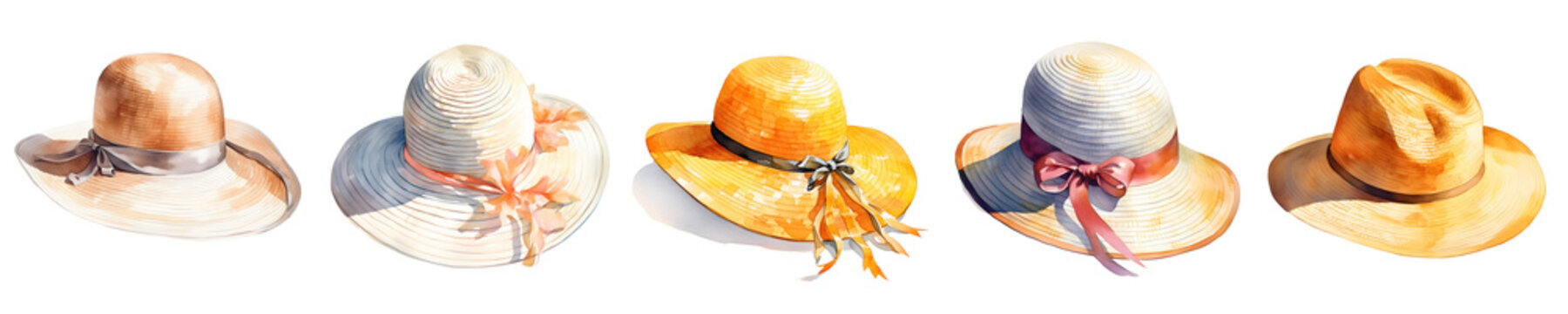 Watercolor painting showcases a variety of straw hats for women in different shapes and styles
