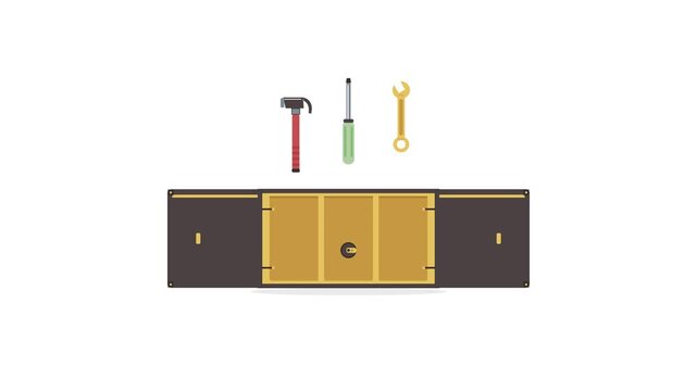 Closed toolbox opening and lifting a hammer in flat vector animation