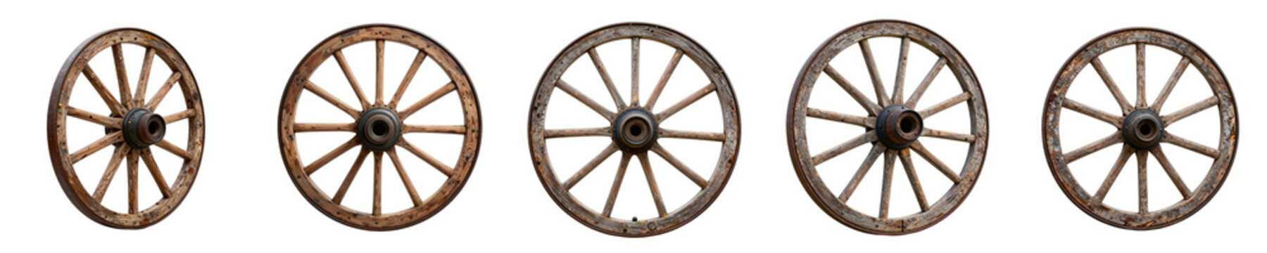 Rustic wooden wagon wheels in various sizes line up in a row on black background