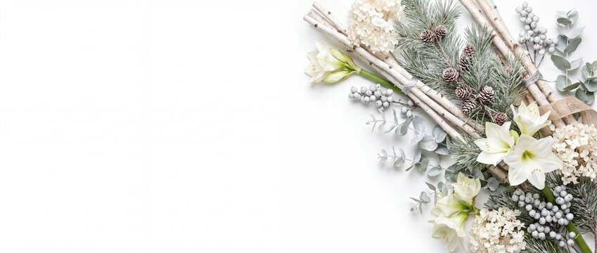 Christmas Banner with Slender White Birch Twig Bundles Tied Isolated on White Background