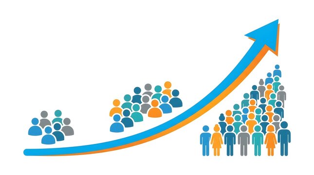 Flat showing three groups of stylized human figures increasing in size alongside a rising blue and orange arrow chart