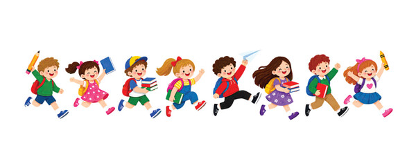 Fototapeta premium Group of happy school children running together to class with backpacks and school supplies in a bright and cheerful pixel art style illustration for education and student life concepts