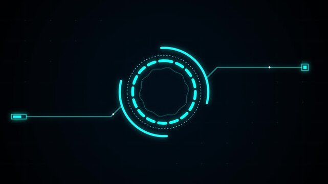 Futuristic hud interface element with glowing blue circular digital tech display, scifi target callout frame, cyberpunk ui dashboard design on dark grid background