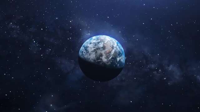 Realistic Earth planet. Spinning rotation globe with day and night transition. Seamless loop 3D animation. world Geography continents map. space galaxy universe nebula cosmic Milky Way stars. Dynamic