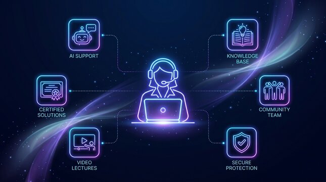 Customer support ecosystem infographic with glowing icons for assistance and knowledge base resources