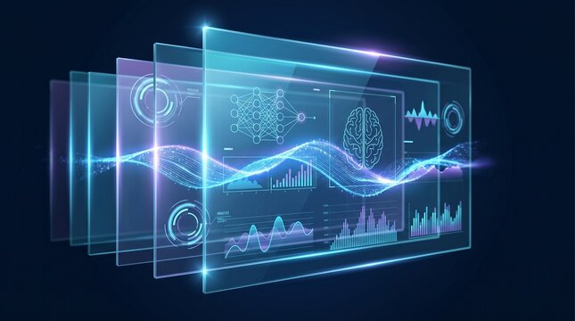 Futuristic multi layered holographic interface displaying neural network data and brain analytics for artificial intelligence research