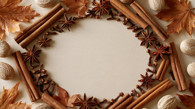 Rustic greeting card design celebrating national pumpkin spice day with illustrated cinnamon sticks, cloves, star anise, nutmeg, and autumn maple leaves arranged as a symmetrical