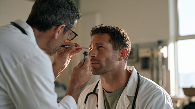 Sports medicine physician performing a detailed neurological examination on a footballer post concussion, using a penlight and reflex hammer while tracking eye movement responses