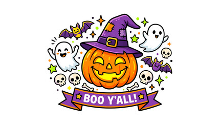 Fototapeta premium Spooky cartoon Halloween vector graphic for t-shirt design with pumpkin, bats, and stars