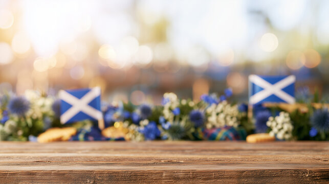 A festive wooden tabletop display with blue thistles and Scottish flags celebrating the traditional spirit of the St