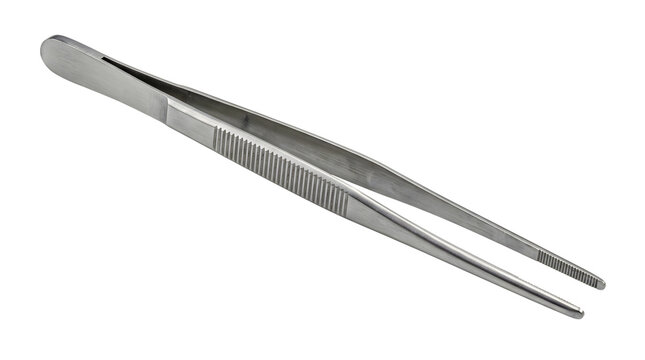 Professional steel tweezers with serrated tips isolated on transparent background for precision tasks and laboratory use.