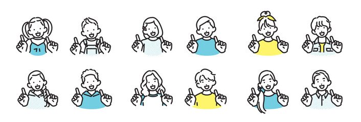 Fototapeta premium シンプル イラスト 笑顔で両手の指差しをするさまざまな年齢の男女の子供アイコンセット ベクターイラスト