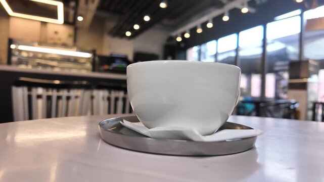 A cup of coffee on a table in an empty cafe, slow panning shot in an indoor setting with natural window light