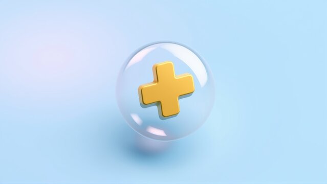 Golden plus symbol inside clear sphere. Soft blue background creates gentle glow. Simple medical icon design.