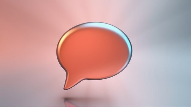 Glossy speech bubble floats above reflective surface. Soft pink, orange hues create gradient background. Minimalist design, clean aesthetic.