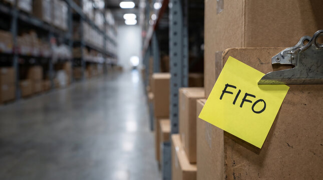 FIFO sticky note on cardboard box in warehouse storage aisle
