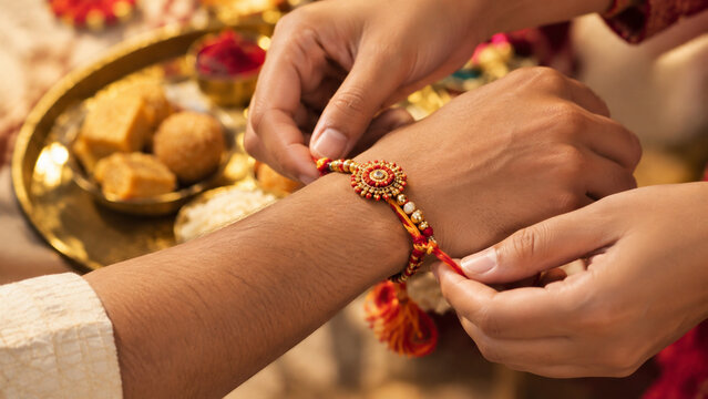 Raksha Bandhan Festival Ceremony with Hands Tying Colorful Rakhi Bracelet and Traditional Indian Sweets