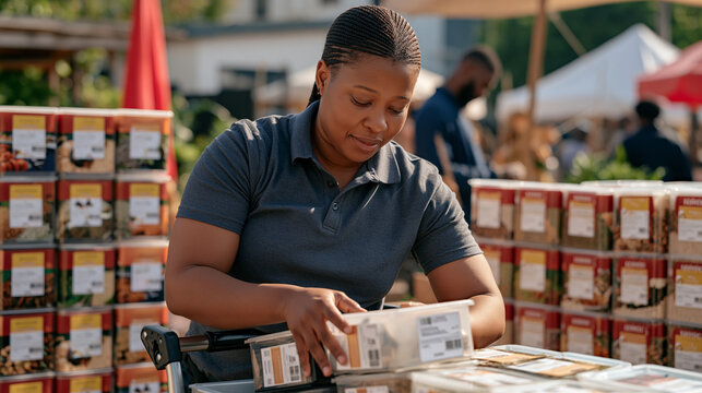 An office cleaner from a West African background secures a labeled container load onto a trolley in an outdoor cultural food exchange market, the process-in-action framing showing