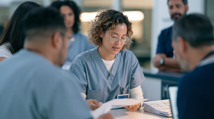 Fototapeta premium A parking attendant in a hospital setting wraps a fragile glass blowing production sample in protective paper, a stack of printed forms on the counter beside the task, the diverse