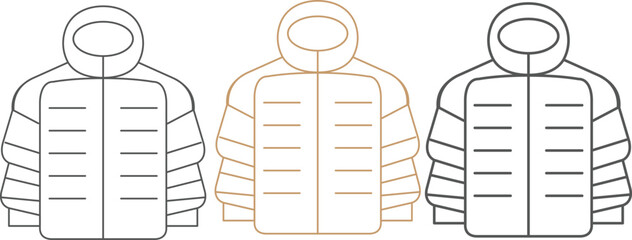 Jacket Puffer Vector Illustrations with Hood. Quilted Winter Jacket Icons for Motion, Clothing design. Simple line art for fashion and apparel industry. High quality graphic resource. © Mir